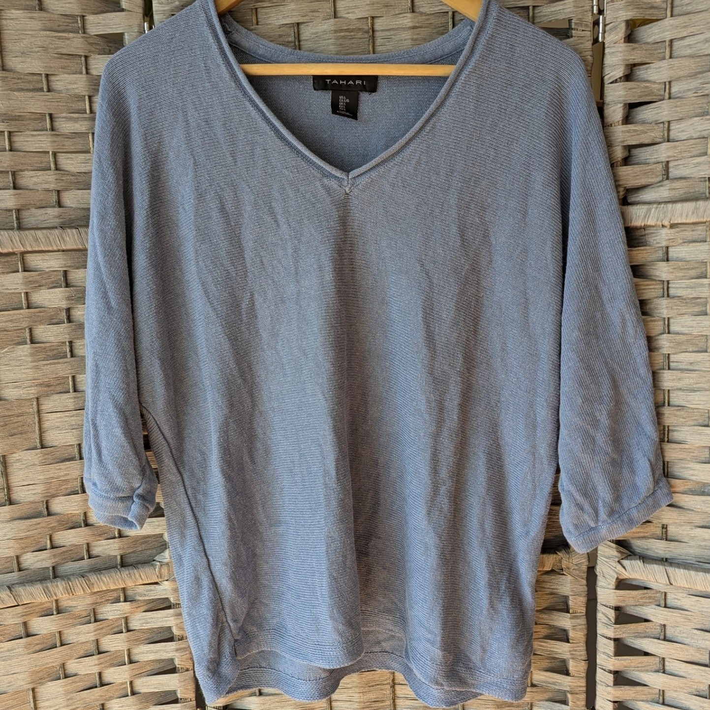 Tahari Blue Linen Blend V-Neck Dolman 3/4 Sleeve Knit Sweater Top Sz L Coastal